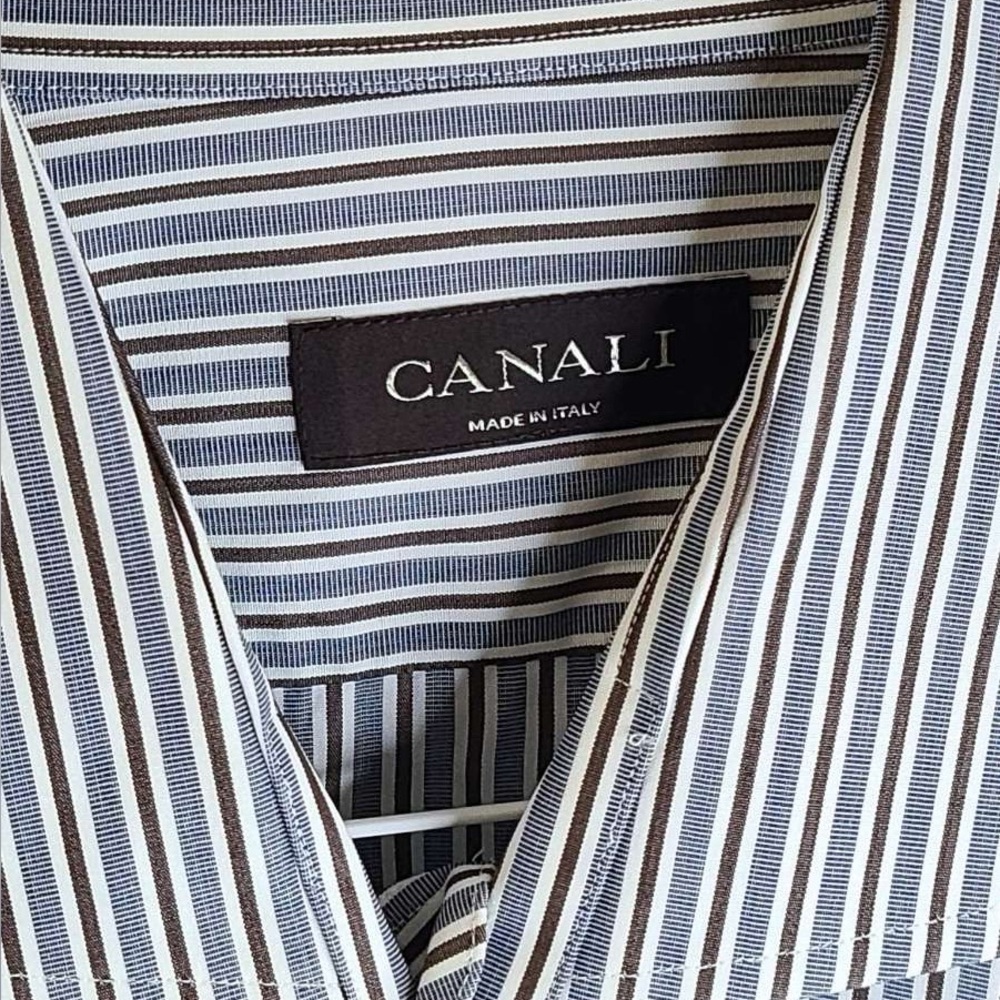 Canali Men's Navy, White and Dark Taupe Striped Dress Shirt 👔